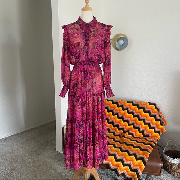 Misa Los Angeles Marian Floral Ruffle Metallic Tier Smocked Midi Dress - Picture 2 of 12